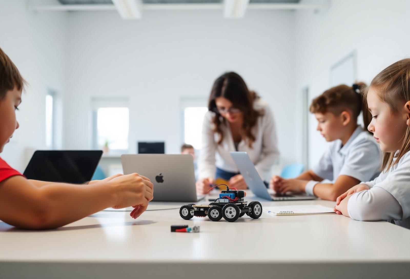 Students learning robotics in a modern classroom